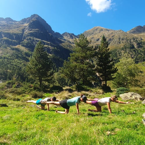 Groupe pratiquant le yoga dans un pré alpin aux Hauts d'En Castel, Ax-les-Thermes, avec pics montagneux et forêt en arrière-plan
