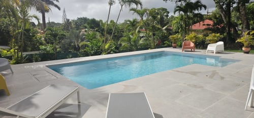 Piscine rectangulaire scintillante avec transats à l'Habitation Villa Les Cassias en Guadeloupe, entourée de jardins tropicaux luxuriants
