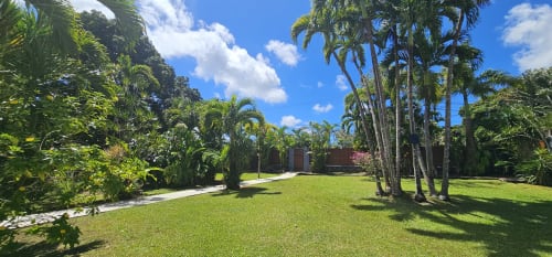 Üppiger tropischer Garten mit Palmen und gepflegtem Rasen in der Habitation Villa Les Cassias in Petit-Bourg, Guadeloupe
