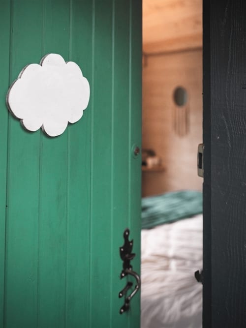Green wooden door with white cloud decoration at Les Murmures du Bois, Nuit Sereine room in Sousceyrac-en-Quercy