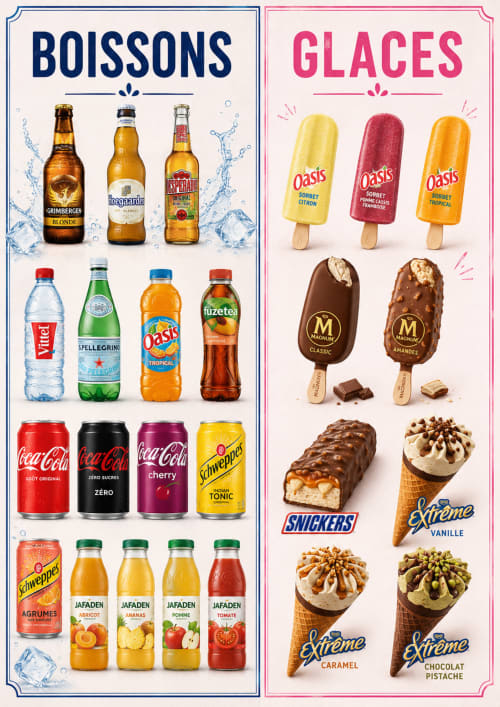 Menu des boissons et glaces de la Maison Redon B&B à Tour-de-Faure, présentant boissons et desserts glacés.