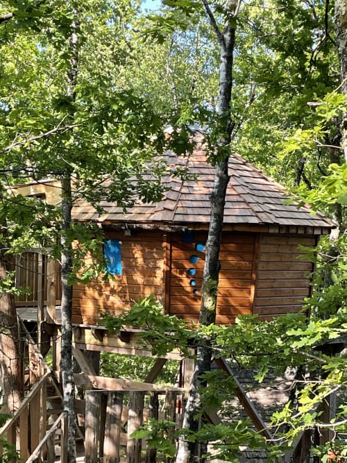 Wooden treehouse cabin with blue door nestled in forest canopy at Les Murmures du Bois, France