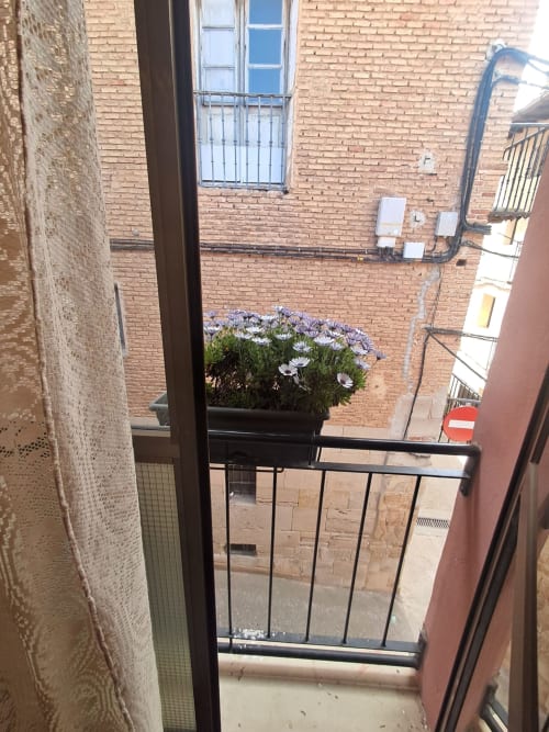 Vista del balcón de la Casa Arqueña hostel en Los Arcos con flores en flor y patio de ladrillo