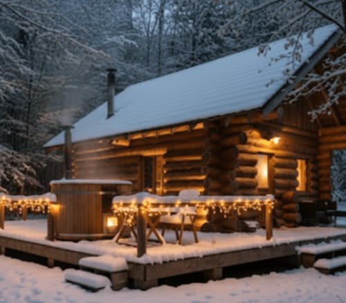 Cozy log cabin with snow-covered roof, glowing lights, and hot tub on deck surrounded by winter forest