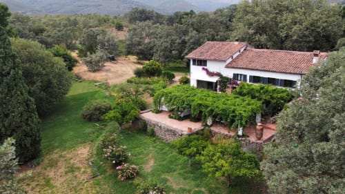 El Escondite De Pedro Malillo B&B en Candeleda: villa blanca con tejado de terracota, jardines frondosos y olivares