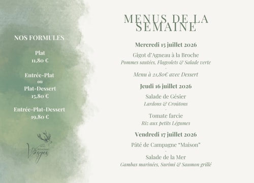 Weekly menu at Hôtel Des Vosges in Sommerau featuring French cuisine with appetizer, main, and dessert options