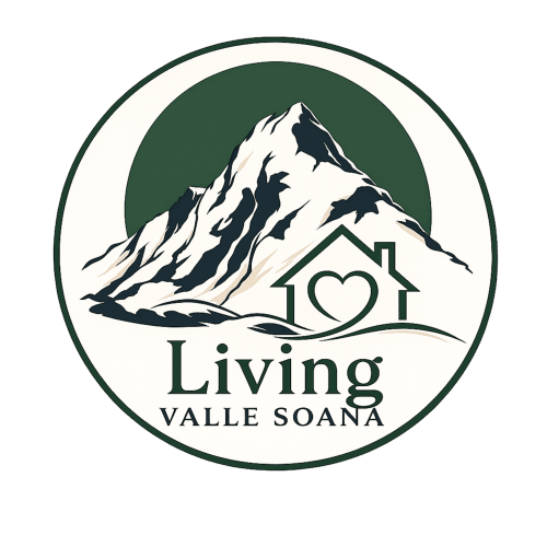 Logo Living Valle Soana con montagna innevata, casa e simbolo del cuore, Valprato Soana Italia