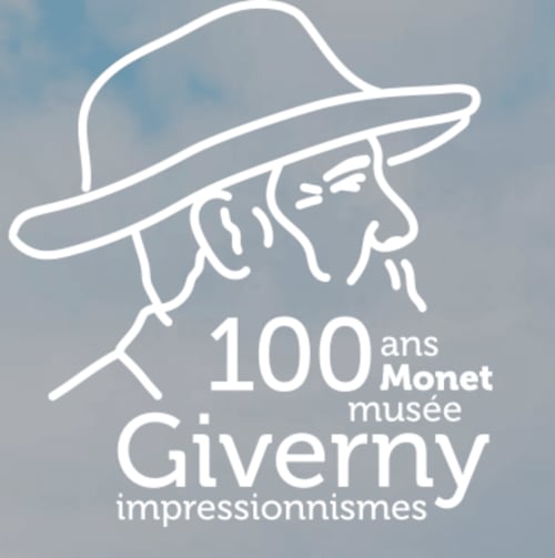 White line art logo for Monet museum Giverny 100 years anniversary with man in hat