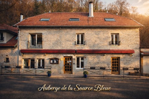 Auberge de la Source Bleue, une charmante auberge en pierre à Cusance, France avec toit en terre cuite et portes en bois
