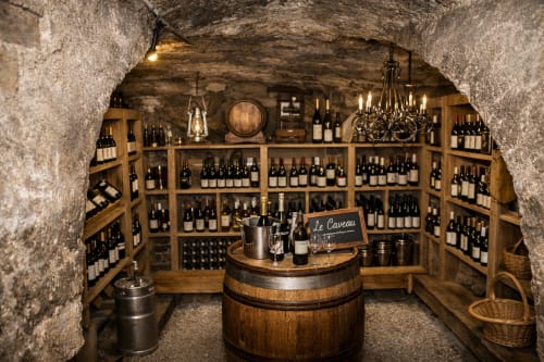Caves historiques à l'Auberge La Source Bleue à Cusance, France, avec des étagères en bois remplies de bouteilles de vin