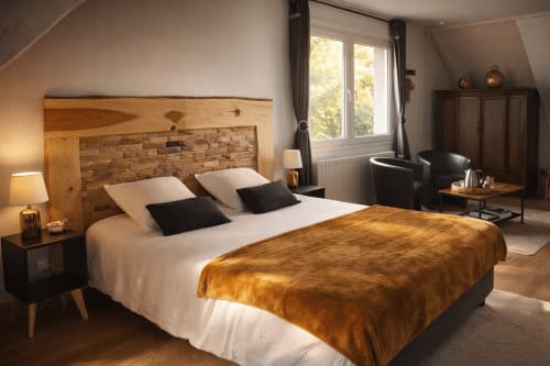 Chambre élégante à La Source Bleue à Cusance avec tête de lit en bois, draps blancs, plaid doré et vue sur les montagnes