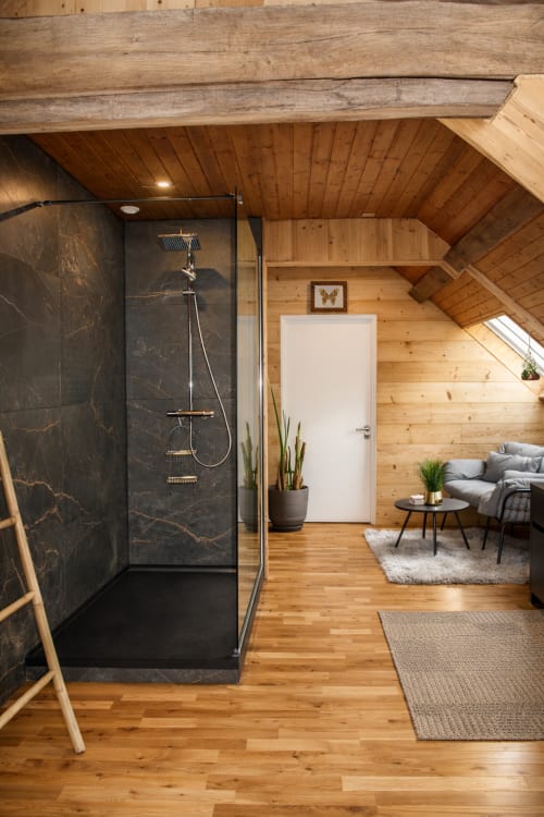 Salle de bains Scandinave moderne à l'Auberge Restaurant La Source Bleue à Cusance avec douche en marbre noir et boiseries