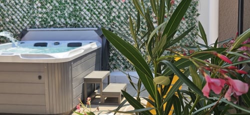 La terrasse extérieure du Loft avec bain à remous, mur de lierre vert pour l'intimité, plantes fleuries colorées et espace lounge