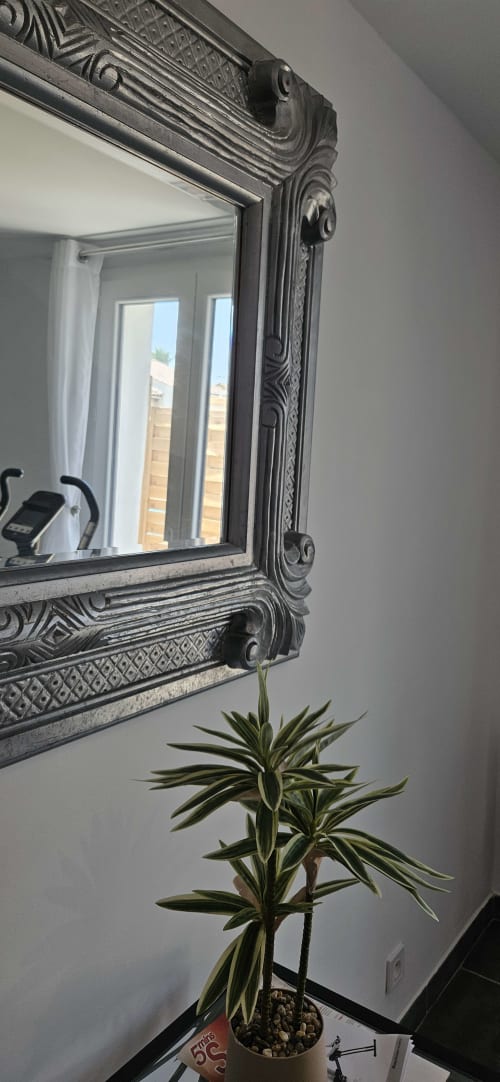 Miroir aux cadre sombre orné reflétant les fenêtres et la vue sur la terrasse du Loft à Mi Casa Es Su Casa, Villemoustaussou