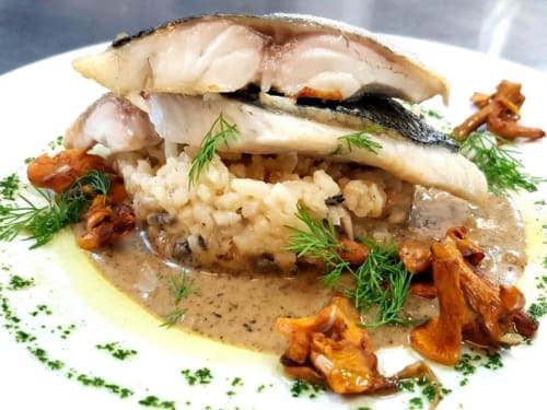 Plat de poisson gourmand aux risotto et girolles à Domaine de la Gare M, Mortagne-sur-Gironde