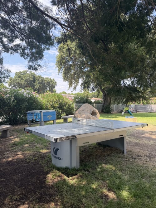 Table de ping-pong extérieure sous les arbres à l'hôtel Tamaricciu Di Cala Rossa à Lecci