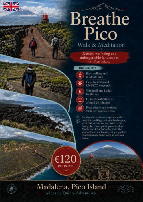 Pôster do tour de caminhada e meditação Breathe Pico com paisagens vulcânicas, trilhas de hiking e vistas costeiras da Ilha do Pico