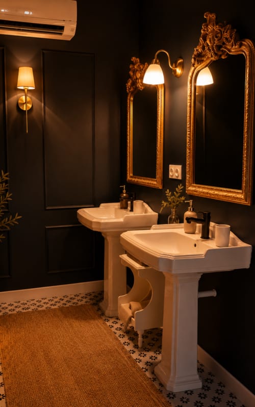Salle de bains de luxe à la Bastide la Mourelette avec deux vasques sur piédestal, miroirs dorés ornementés et élégants murs noirs