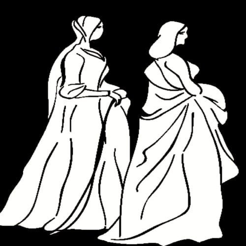 Due donne elegantemente vestite in abiti fluenti a Ca Cortigiane, Venezia