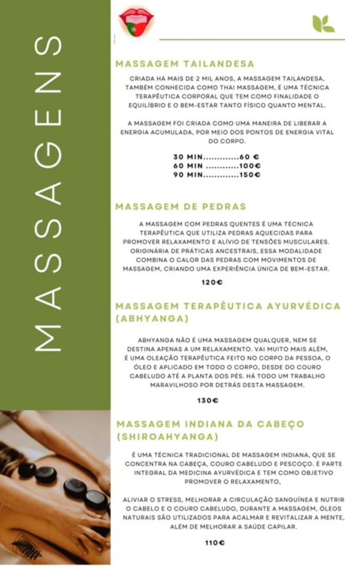 Mountain Wood Village massage menu featuring Thai, hot stone, Ayurvedic, and Indian head massage services with pricing