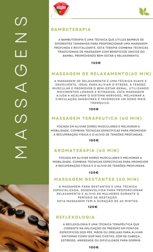 Mountain Wood Village spa menu in Madalena featuring massage, aromatherapy and reflexology services with pricing