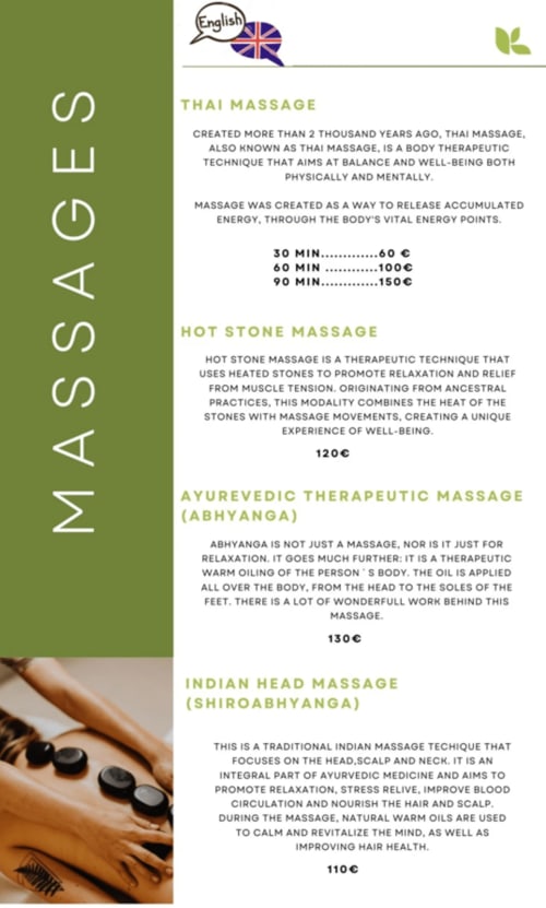 Mountain Wood Village massage menu featuring Thai, hot stone, Ayurvedic, and Indian head massage services with pricing in