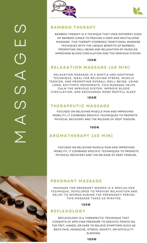 Mountain Wood Village spa menu featuring bamboo therapy, relaxation massage, therapeutic massage, aromatherapy, pregnant
