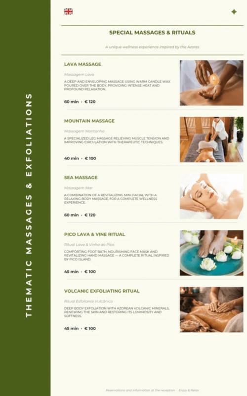 Special massages and rituals menu at Mountain Wood Village spa in Madalena, featuring lava, mountain, and sea massage options