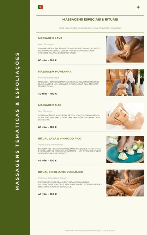 Mountain Wood Village spa menu featuring Portuguese massages and rituals in Madalena
