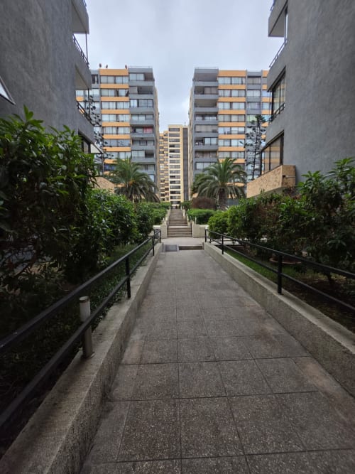Complejo residencial moderno en Antofagasta con paseo ajardinado, palmeras y edificios de apartamentos contemporáneos