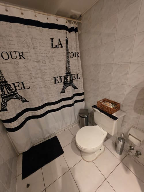 Baño con cortina de ducha de la Torre Eiffel de París en el hotel Your Place Spa de Antofagasta, Chile
