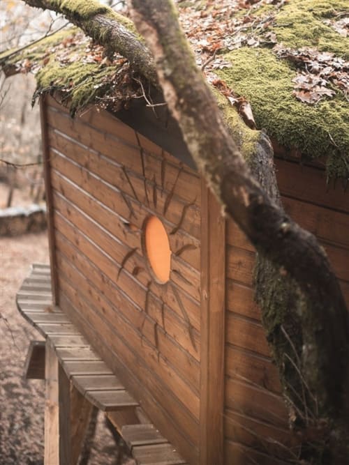 Branche couverte de mousse au-dessus d'une porte en bois avec cercle orange à l'entrée du jardin Les Murmures du Bois