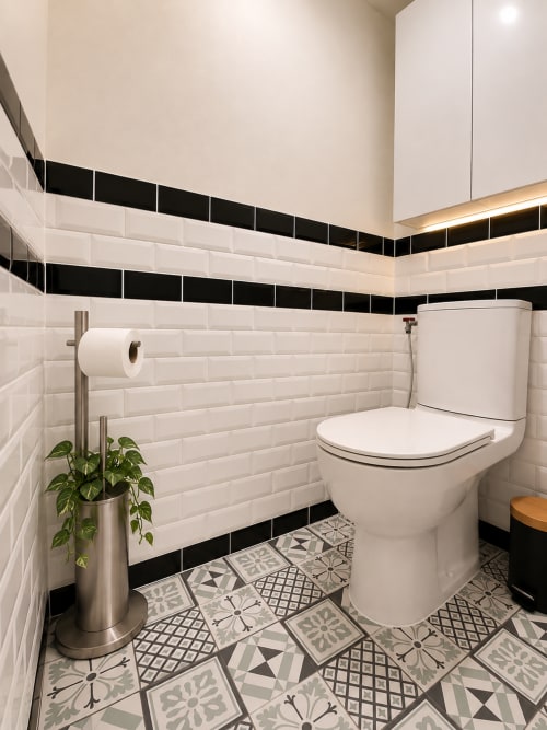 Salle de bain moderne dans l'Appartement Cosy de Systeo à Châtillon-sur-Chalaronne, carrelage métro blanc et sol à motifs
