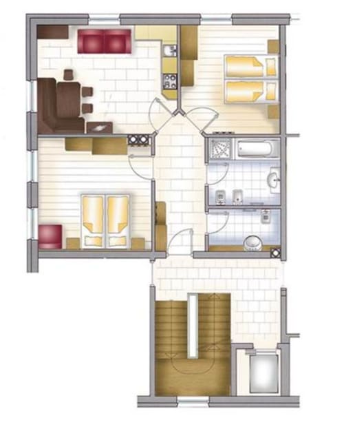 Grundriss einer Zweizimmerwohnung im Rusctlea Apartments in Selva di Valgardena mit Wohnzimmer, Küche und Badezimmern
