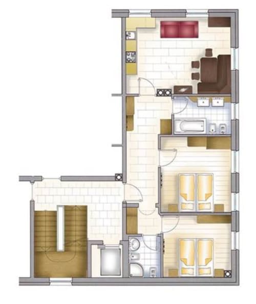 Grundriss einer Zweiraumwohnung in den Rusctlea Apartments in Selva di Valgardena mit Wohnbereich, Küche, Badezimmern und