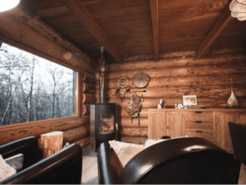 Cozy wooden cabin interior at Les Murmures du Bois with wood stove, leather seating, and forest views