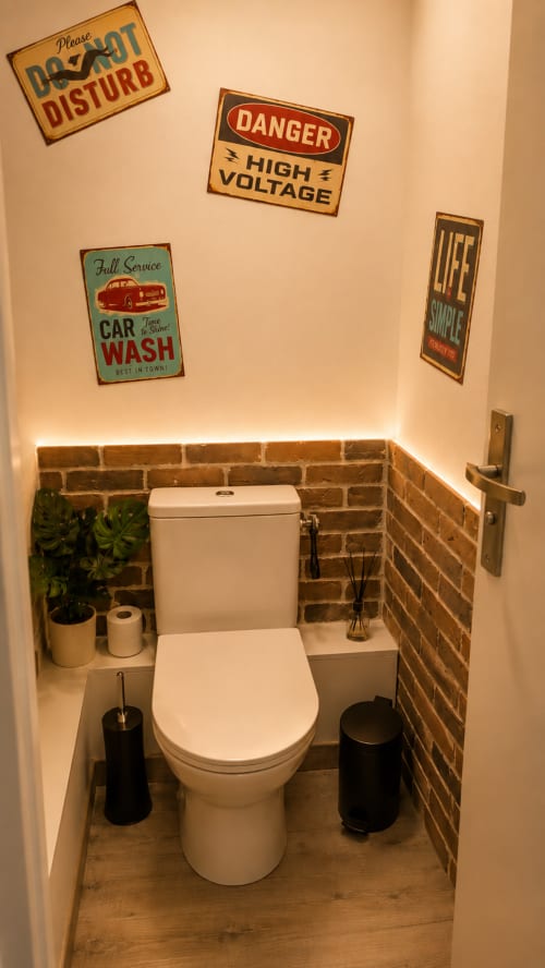Salle de bains élégante dans l'appartement Systeo à Mâcon avec enseignes vintage, briques apparentes, toilettes blanches et décoration de plantes en pot