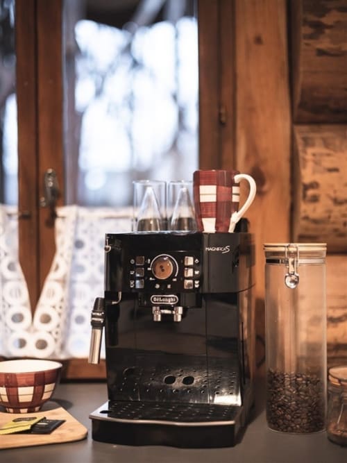 DeLonghi espresso machine with red plaid mug and coffee beans at Les Murmures du Bois chalet apartment