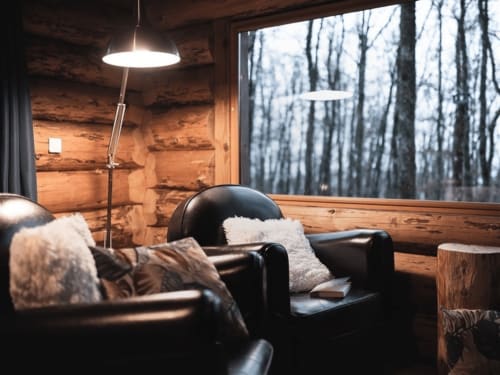 Cozy log cabin lounge with black leather armchairs, pendant lighting, and forest views at Les Murmures du Bois