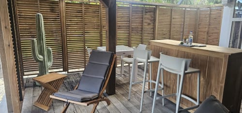 Terrasse extérieure avec chaise longue en bois, bar, plante cactus et claustra ajouré à Habitation Villa Les
