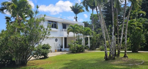 Élégante villa blanche moderne entourée de palmiers tropicaux et d'une pelouse verdoyante à l'Habitation Villa Les Cassias en Guadeloupe