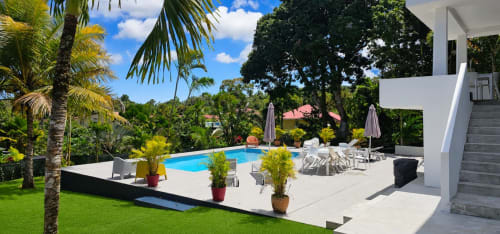 Zone piscine de la Villa Les Cassias avec transats, parasols, jardin tropical et bâtiment blanc moderne à Petit-Bourg,