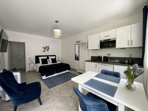Modern studio apartment at Domaine de Bize with black bed, white kitchen, dining table, blue chairs, and flat-screen TV