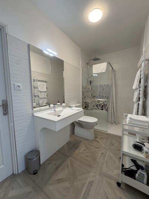 Salle de bain moderne au Studio Mirepoix du Domaine de Bize avec lavabo blanc, toilettes, douche à l'italienne et revêtement imitation bois