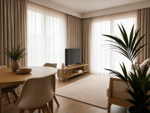 Apartamento Lumina na Terra Clara, Esposende: sala de estar moderna com mesa de jantar em madeira, painel TV, plantas e