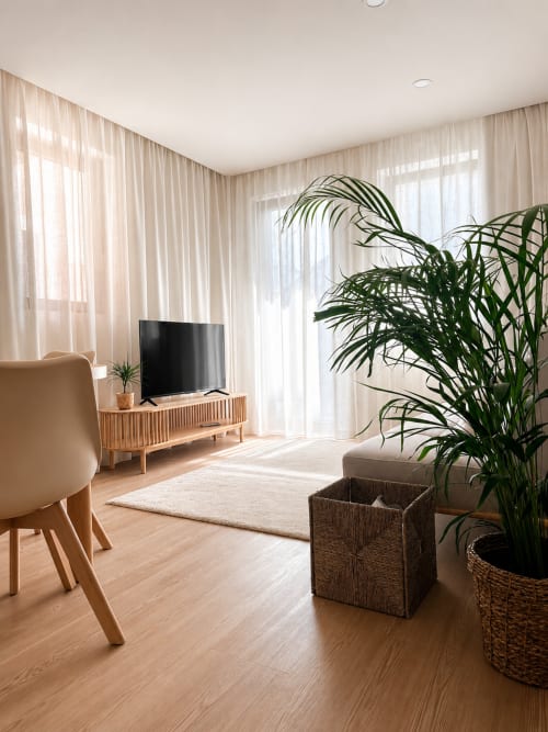 Modern City Nest apartment at Terra Clara Studio, Esposende with wooden furniture, plants, and natural light from