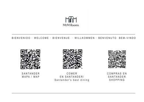 Placa de boas-vindas MTM Rooms Santander com códigos QR para mapa, informações de gastronomia e compras