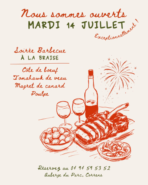 Invitation vintage à un dîner barbecue français à l'Auberge du Parc à Correns, célébration du 14 juillet