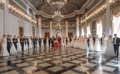 Elegante sala da ballo a Ca Cortigiane Venezia con debuttanti in abiti bianchi e ospiti in abito formale