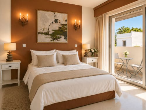 Elegantes Schlafzimmer im Strandapartment von Cannes mit warmen Ockerfarbtönen, Balkon mit Meerblick und modernen Annehmlichkeiten